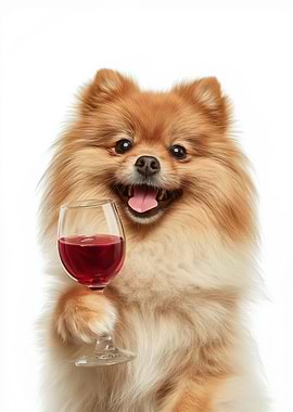 Pomeranian dog holding glass of red wine