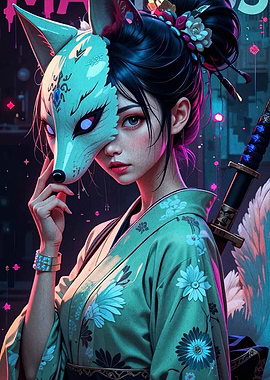Anime Girl with Fox Mask and Kimono