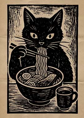 Black Cat Eating Ramen Woodcut Print