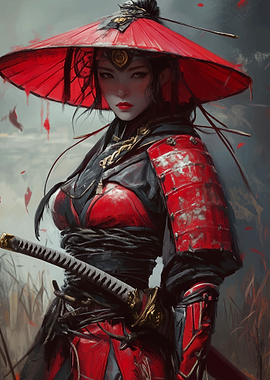 Red Samurai Woman with Katana