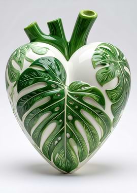 Heart-shaped vase with Monstera leaf design