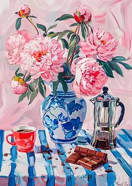 Floral Still Life with Coffee and Chocolate