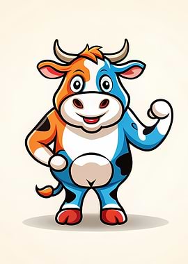 Cute Orange-Blue Cow Mascot — Playful Cartoon Dairy Character