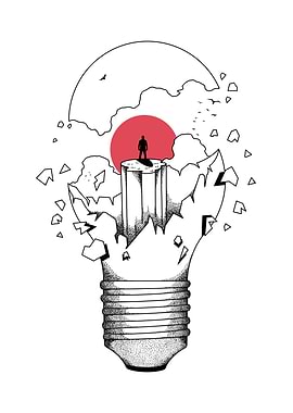 Broken Lightbulb with Figure and Sunset
