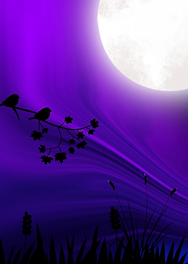 Birds on Branch Under Full Moon