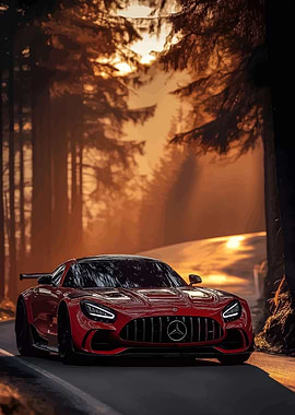 Red Mercedes-AMG in Forest at Sunset