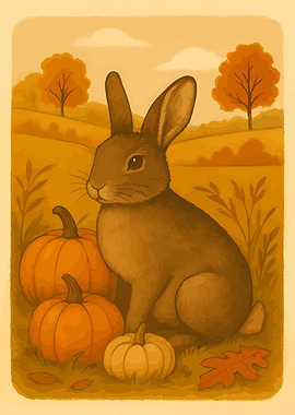 Autumn Rabbit with Pumpkins – Cozy Woodland Animal Fall Wall Art