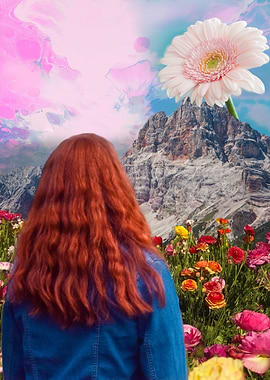 Woman in Flower Field with Mountain