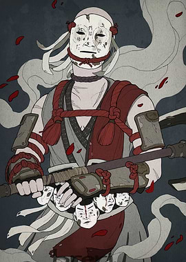 Masked Warrior with Staff and Masks