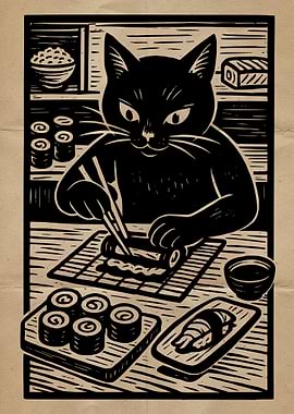 Cat Chef Making Sushi Art