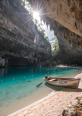 Cenote with Boat and Sunlight