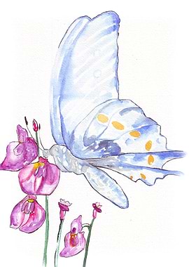 Watercolor Butterfly and Purple Flowers