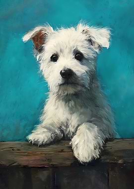 White Puppy On Wooden Fence Painting