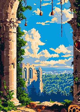 Pixel Art Castle View Through Archway