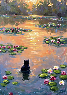 Black Cat in Lily Pond Painting