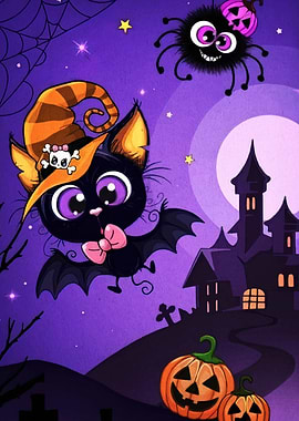 Cute Halloween Cartoon with Cat and Spider