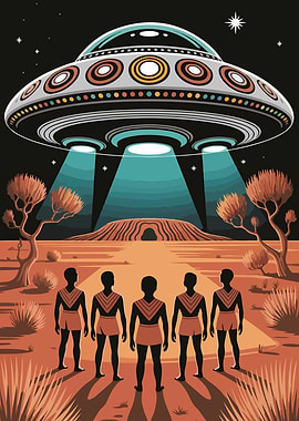 UFO over Australian Outback with Natives