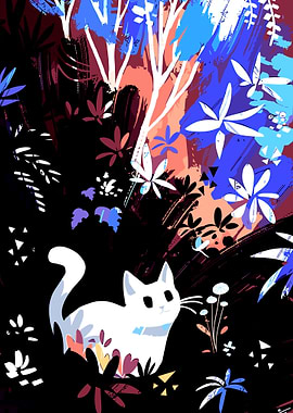 White Cat in Abstract Floral Garden