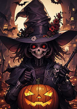 Halloween Witch with Pumpkin and Skull