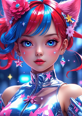 Anime Girl with Cat Ears and Flowers