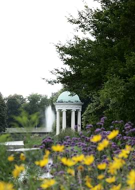 Park with Gazebo, Fountain, and Flowers