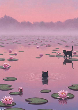 Cats in a Lily Pond Painting