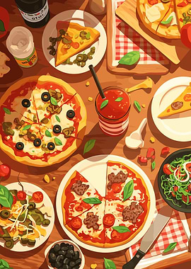 Pizza Feast Still Life Illustration