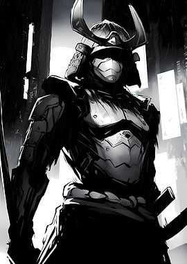 Cyberpunk Samurai in Black and White