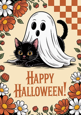 Happy Halloween Cat Ghost Floral Art