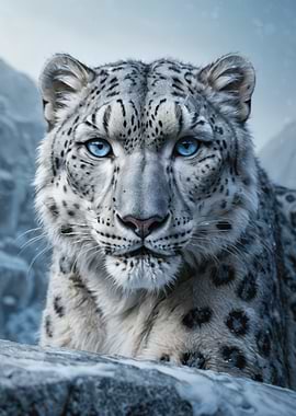 Snow Leopard Portrait — Close-Up of a Majestic Big Cat with Piercing Blue Eyes