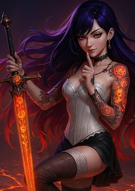 Warrior Woman with Fiery Sword