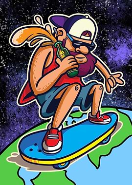 Skateboarder with Beer in Space
