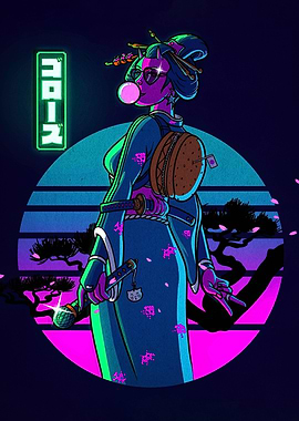 Cyberpunk Geisha with Burger Backpack