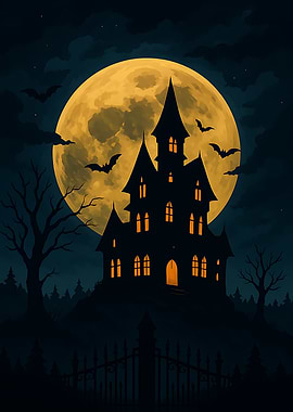 Spooky Haunted House Under Full Moon – Spooky Halloween Gothic Art