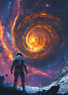 Astronaut Staring at a Cosmic Black Hole Starry Night Swirl Van Gogh