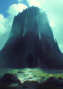 Towering Dark Castle in Misty Landscape