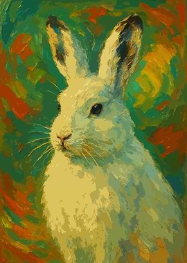White Rabbit Painting with Green Background Art