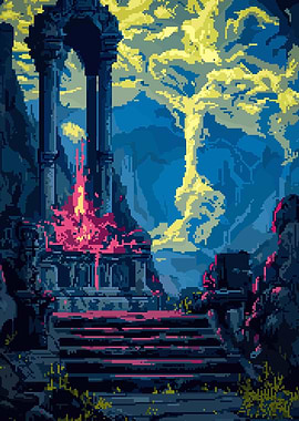Pixel Art Ruin with Lava