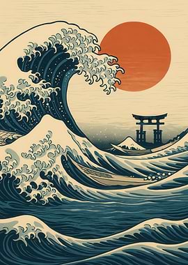 Great Wave with Torii Gate and Sun