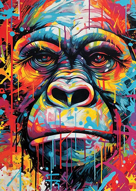 Colorful Gorilla Portrait with Paint Splatters