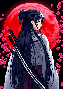 Anime Girl with Swords and Red Moon