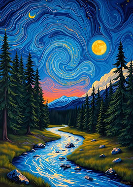 Starry Night River Landscape Painting