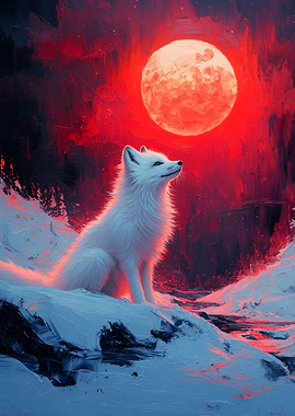 White Fox Under Red Moon
