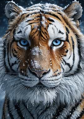 Blue-Eyed Tiger Portrait in Snow — Hyperreal Winter Wildlife Art