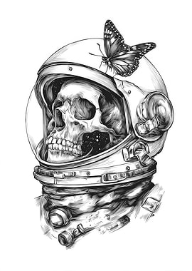 Astronaut Skull with Butterfly Ink Drawing