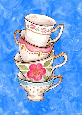 Stacked Watercolor Teacups on Blue Background