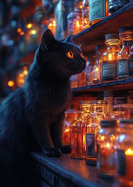 Black cat with potion bottles