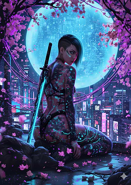 Cyberpunk Girl with Katana and Cityscape