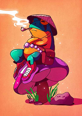 Frog on Mushroom with Pipe