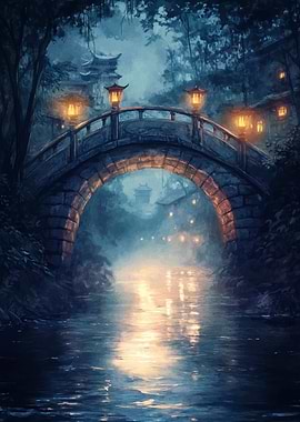 Mystical Japanese Bridge at Night